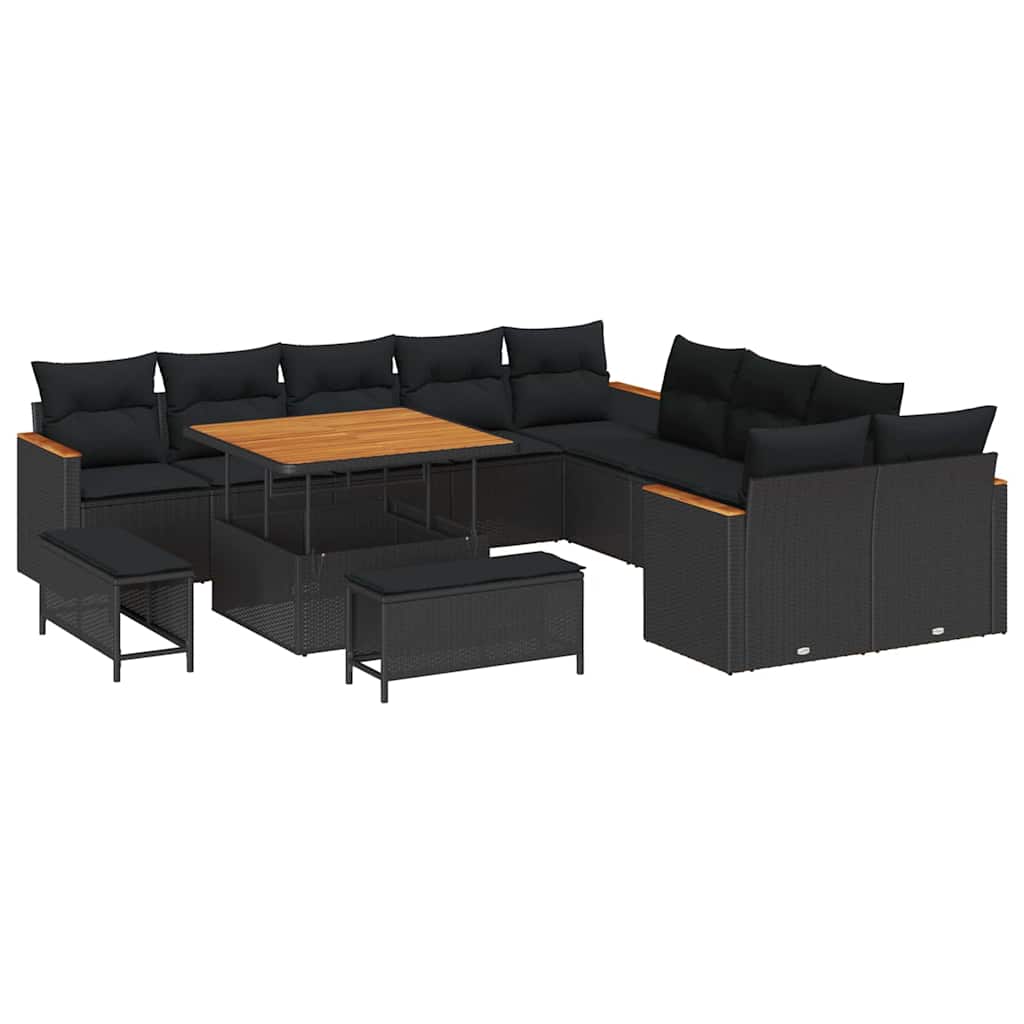 Garten-Sofa-Set mit Kissen mit Speicher Schwarz Poly Rattan